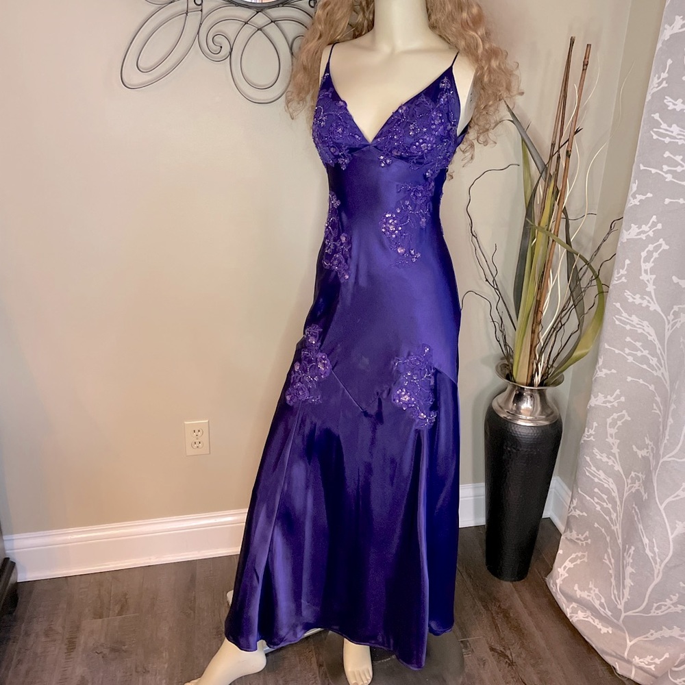 Size 4 Royal Purple Beaded Satin Gown
